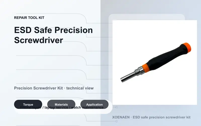 Technical view of ESD handling, bit fit and organized precision repair tools.