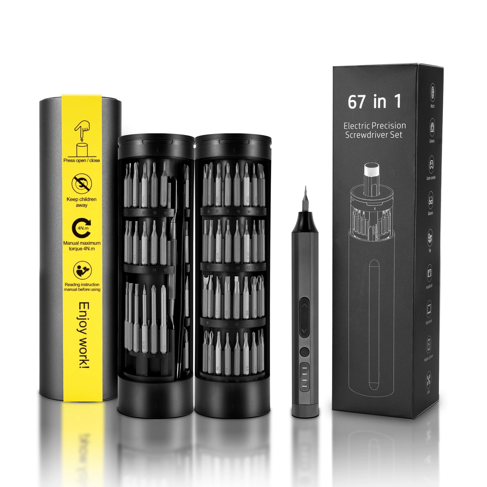 67-in-1 electric precision screwdriver complete set with rotating bit case and retail box — thumbnail